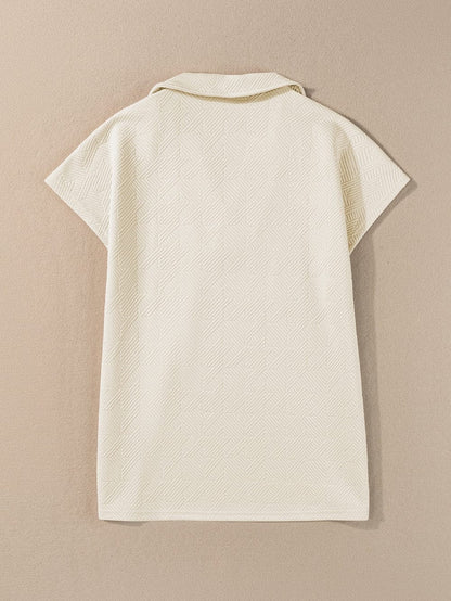 Apricot V Neck Textured Collared Top with Short Sleeves