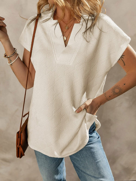 Apricot V Neck Textured Collared Top with Short Sleeves
