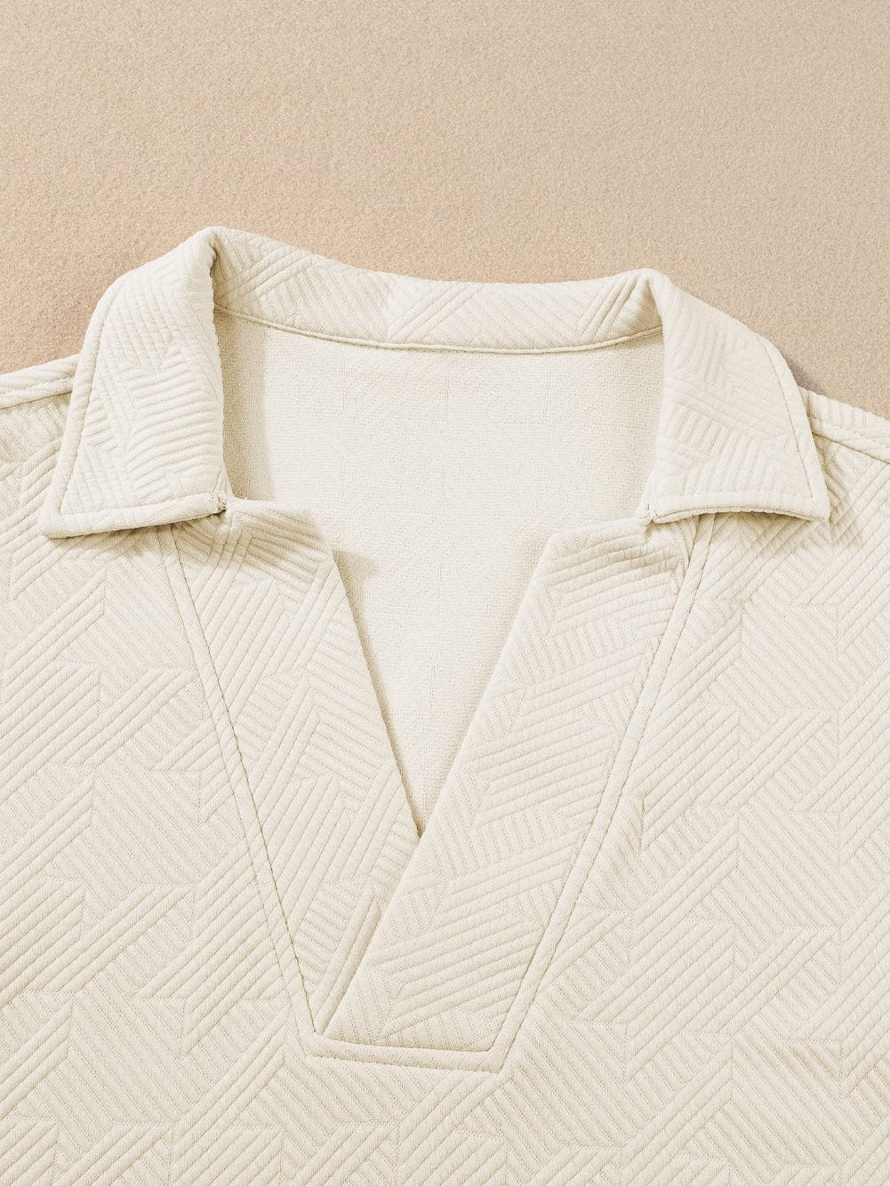 Apricot V Neck Textured Collared Top with Short Sleeves