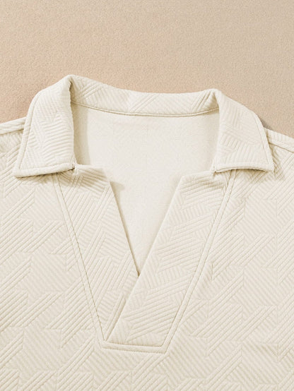 Apricot V Neck Textured Collared Top with Short Sleeves