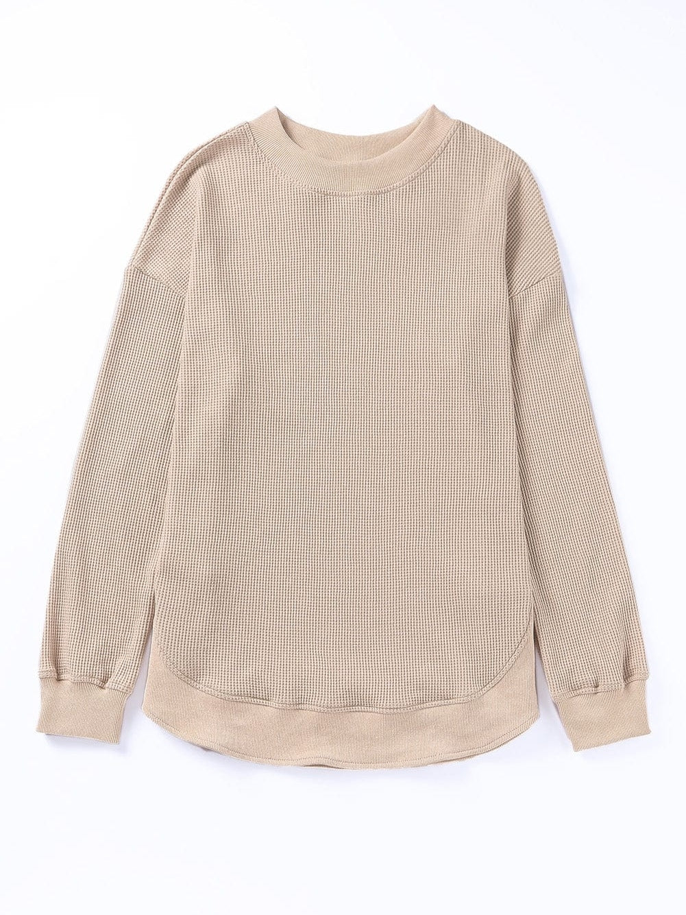 Apricot Waffle Knit Crew Neck Top with Ribbed Trim
