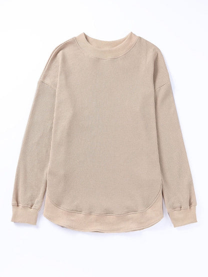 Apricot Waffle Knit Crew Neck Top with Ribbed Trim