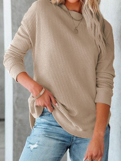 Apricot Waffle Knit Crew Neck Top with Ribbed Trim