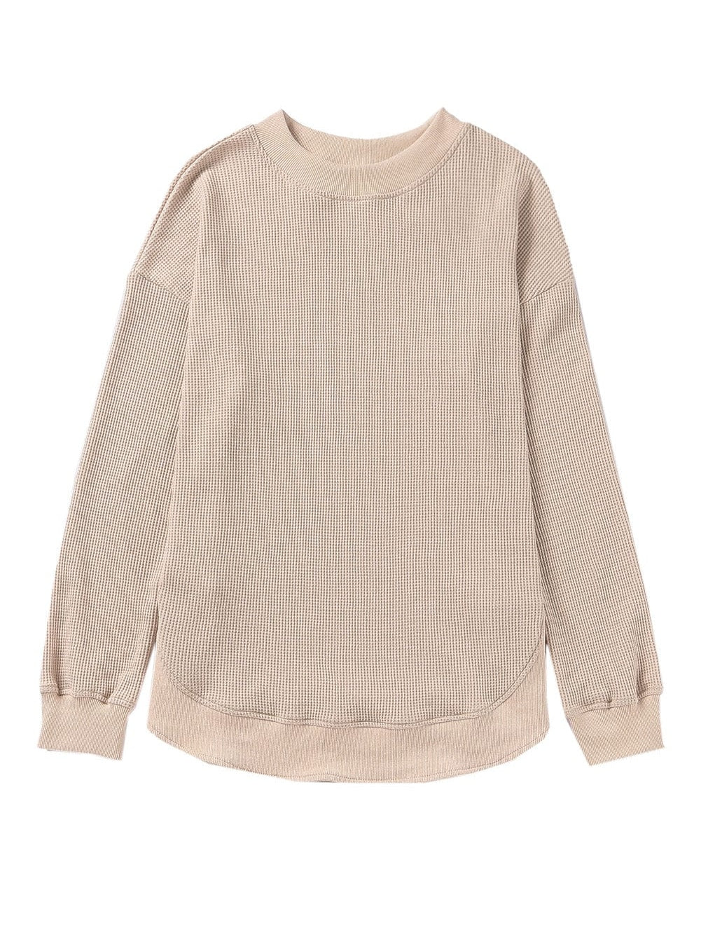 Apricot Waffle Knit Crew Neck Top with Ribbed Trim