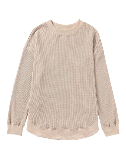 Apricot Waffle Knit Crew Neck Top with Ribbed Trim