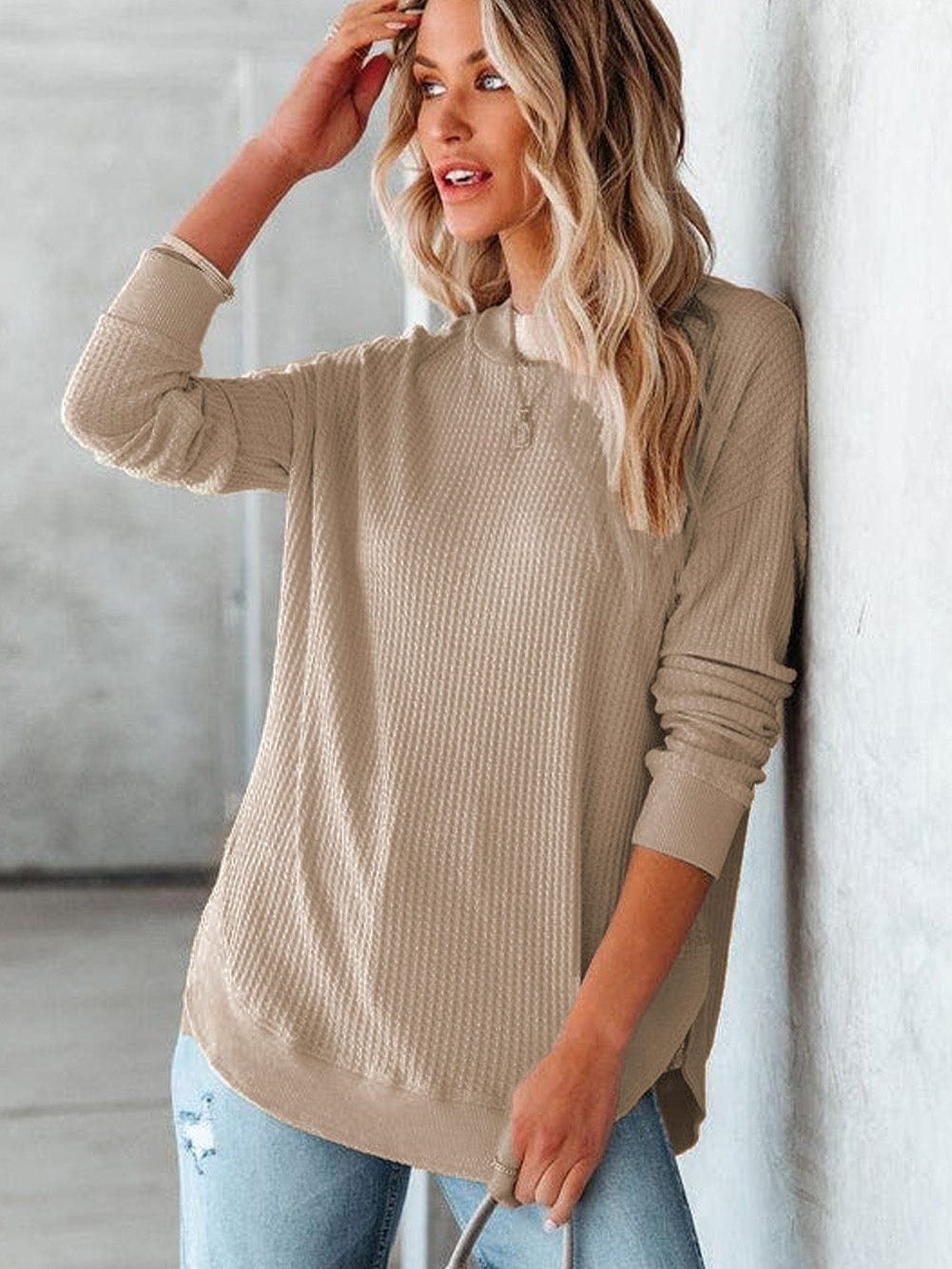 Apricot Waffle Knit Crew Neck Top with Ribbed Trim