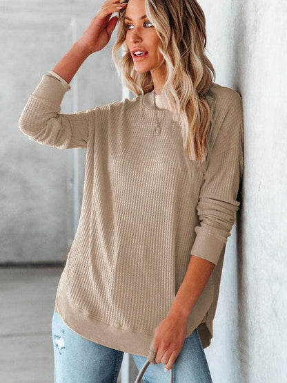 Apricot Waffle Knit Crew Neck Top with Ribbed Trim