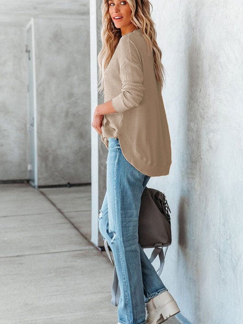 Apricot Waffle Knit Crew Neck Top with Ribbed Trim