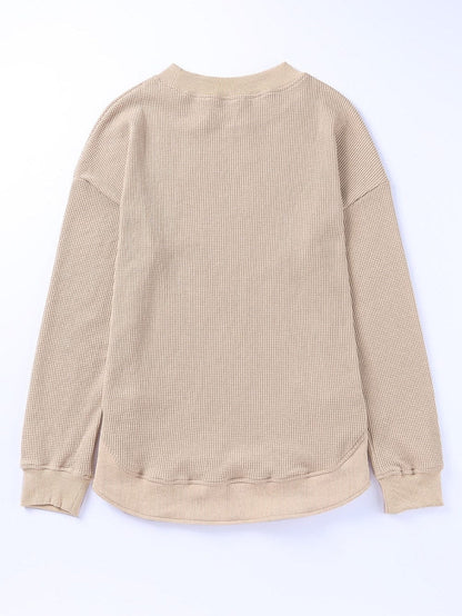 Apricot Waffle Knit Crew Neck Top with Ribbed Trim