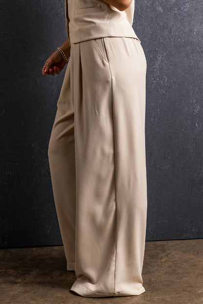 Apricot Wide Leg Pleated Pants with Elastic Waist