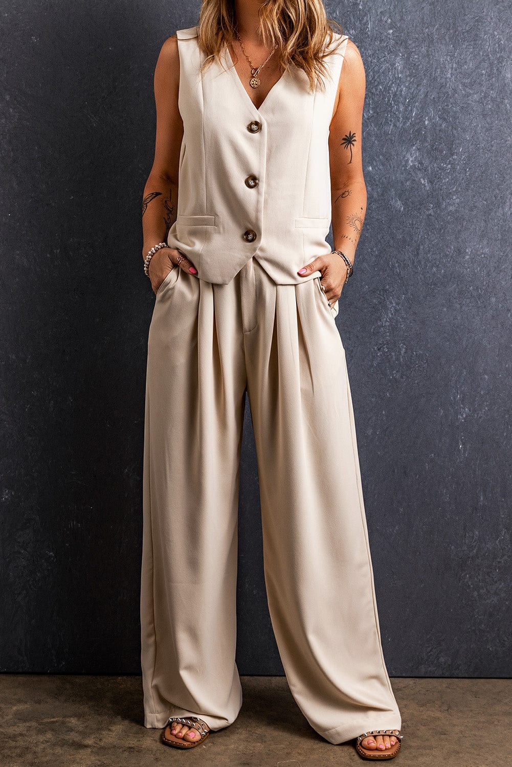 Apricot Wide Leg Pleated Pants with Elastic Waist