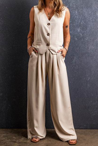 Apricot Wide Leg Pleated Pants with Elastic Waist