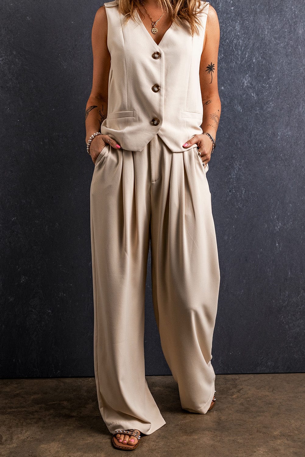 Apricot Wide Leg Pleated Pants with Elastic Waist