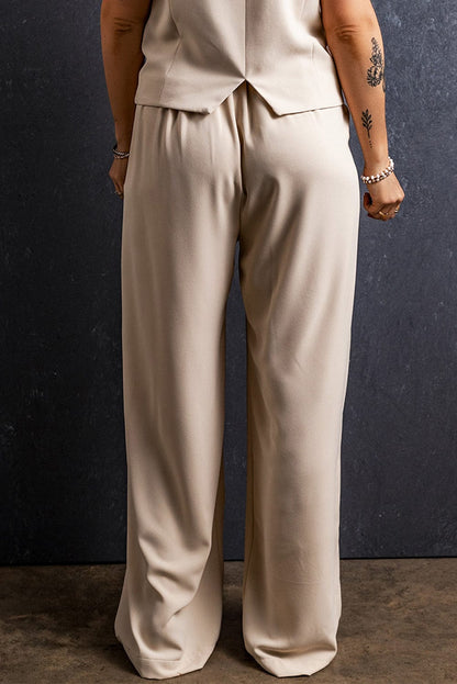 Apricot Wide Leg Pleated Pants with Elastic Waist