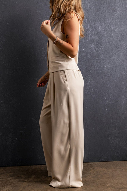 Apricot Wide Leg Pleated Pants with Elastic Waist