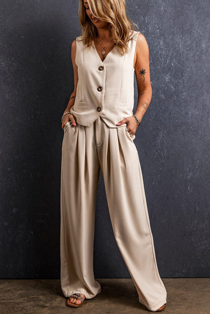 Apricot Wide Leg Pleated Pants with Elastic Waist