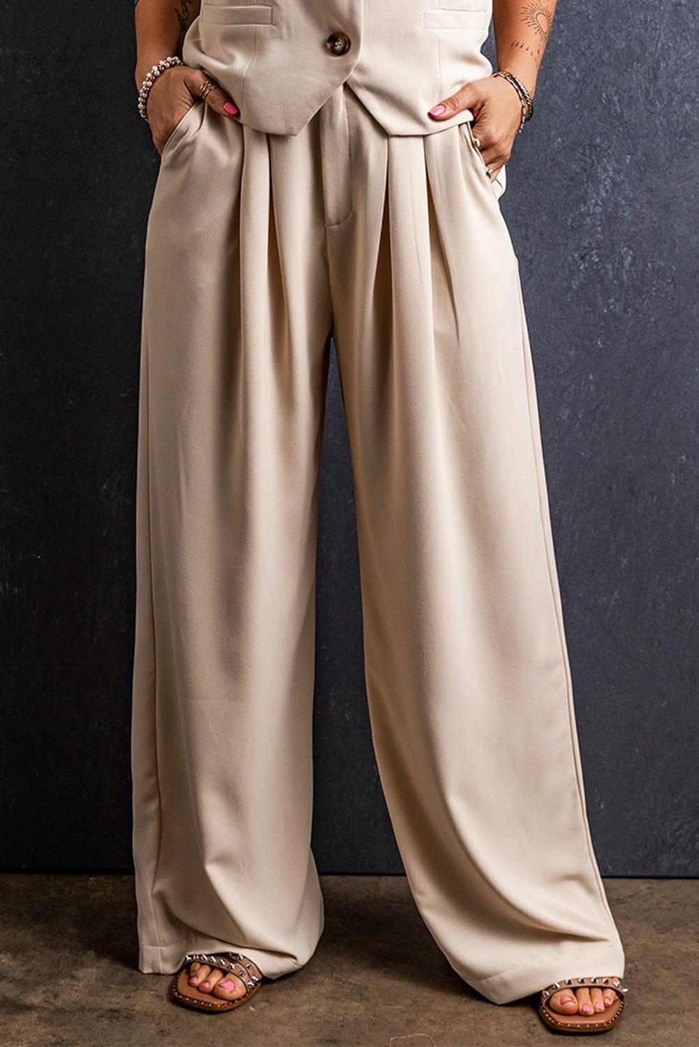 Apricot Wide Leg Pleated Pants with Elastic Waist