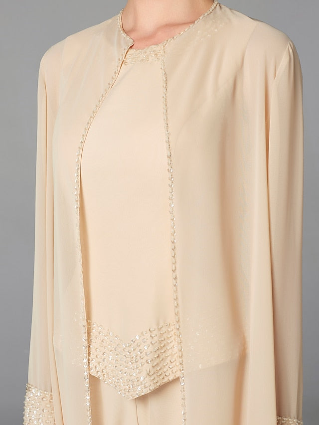 Jumpsuit / Pantsuit 3 Piece Mother of the Bride Dress Formal Plus Size Elegant Wrap Included Bateau Neck Floor Length Chiffon Sleeveless with Beading Appliques 2023 - LuckyFash™