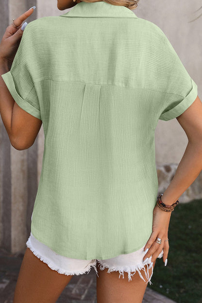 Aqua Crinkle Textured Short Sleeve Shirt with Cuffed Sleeves