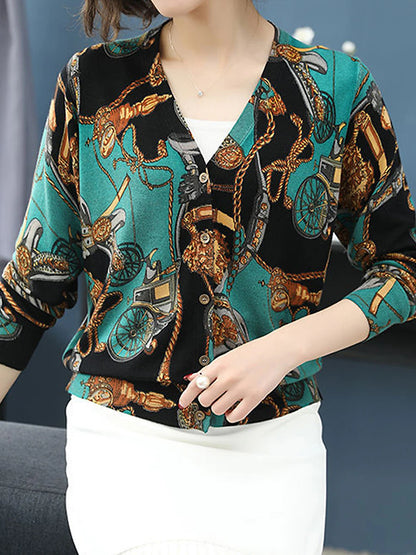 Women's Cardigan Sweater V Neck Ribbed Knit Polyester Button Print Fall Winter Outdoor Daily Holiday Stylish Casual Soft Long Sleeve Animal Floral Rose black Chain black Rose navy blue S M L