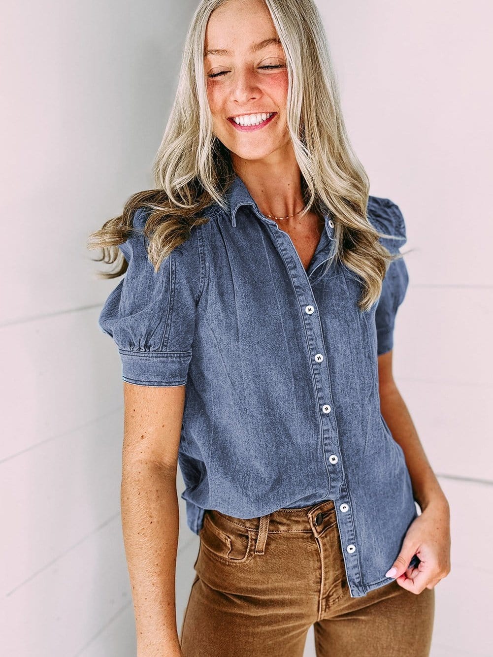 Ashleigh Blue Denim Button-Up Shirt with Puff Sleeves