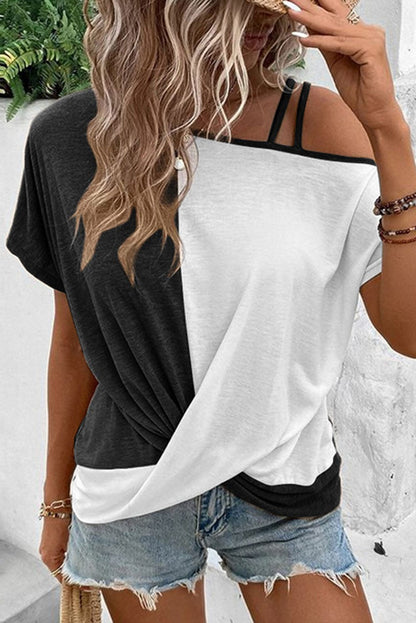Asymmetric Black Colorblock Cold Shoulder Top with Twist Hem