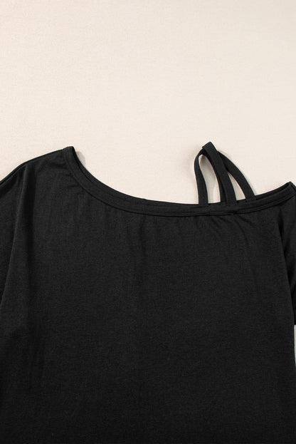 Asymmetrical Black One-Shoulder Mini Dress with Short Sleeves