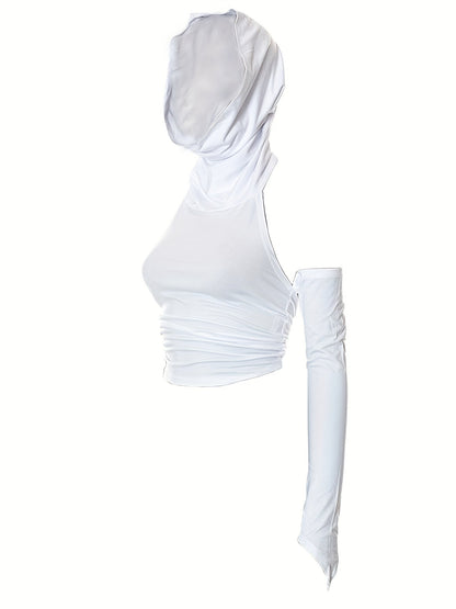 Asymmetrical Halter Neck Backless Ruched Crop Hoodie