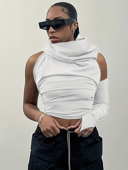 Asymmetrical Halter Neck Backless Ruched Crop Hoodie