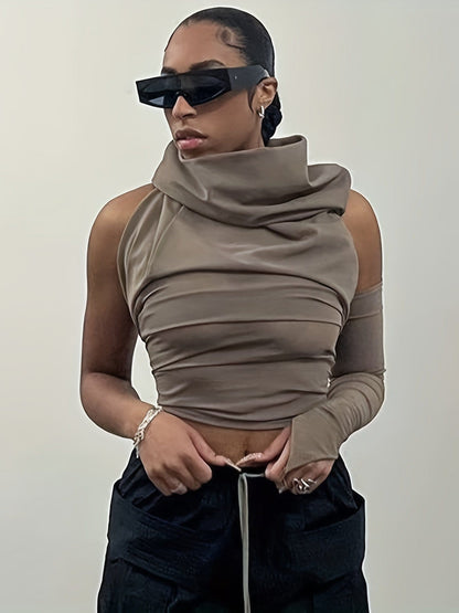 Asymmetrical Halter Neck Backless Ruched Crop Hoodie