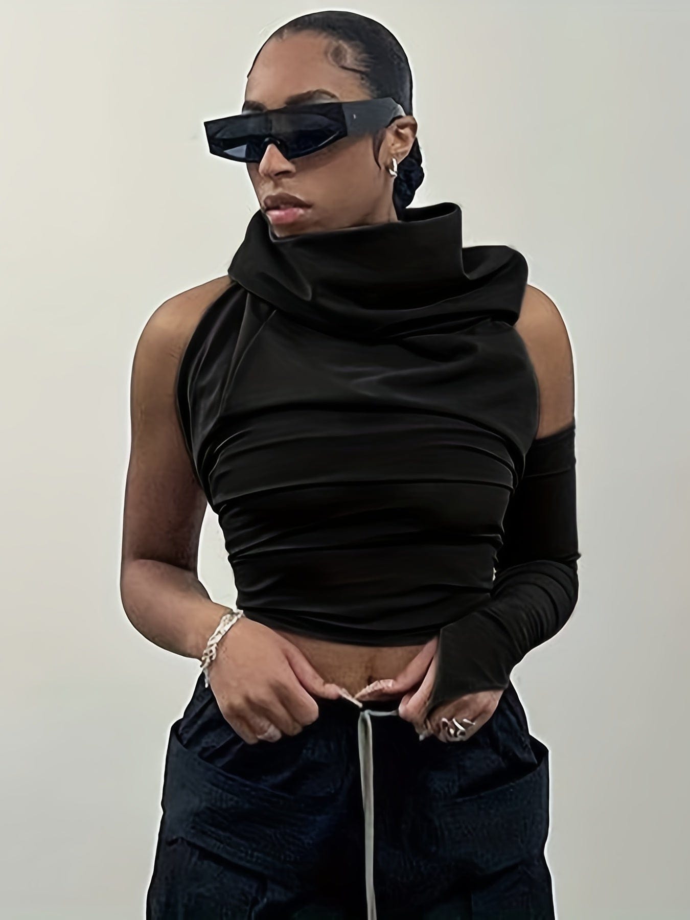 Asymmetrical Halter Neck Backless Ruched Crop Hoodie