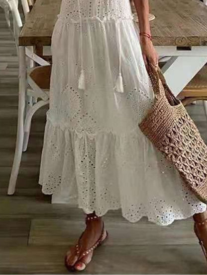 Women's Dress - Long Dress Maxi Dress White Dress Casual Dress Eyelet Half Sleeve Pure Color Hollow Out Daily Vacation Spring Summer Dress V Neck 2023 S M L XL