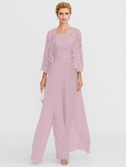 Jumpsuit / Pantsuit Mother of the Bride Dress Formal Plus Size Elegant Square Neck Floor Length Chiffon Corded Lace Sleeveless Wrap Included with Lace Appliques 2023 - LuckyFash™