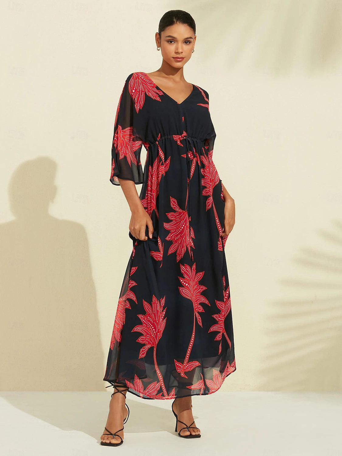 Chiffon Leaf Flower Print V Neck Maxi Dress