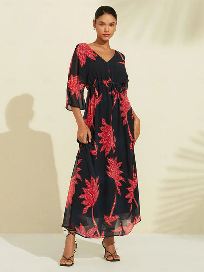 Chiffon Leaf Flower Print V Neck Maxi Dress