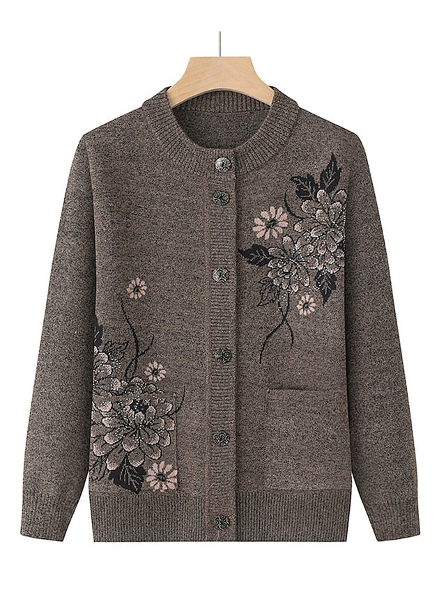 Women's Cardigan Sweater Crew Neck Ribbed Knit Polyester Button Pocket Fall Winter Outdoor Holiday Going out Stylish Casual Soft Long Sleeve Floral claret Grass Green Leather Pink XL 2XL 3XL