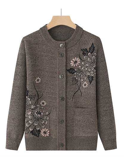 Women's Cardigan Sweater Crew Neck Ribbed Knit Polyester Button Pocket Fall Winter Outdoor Holiday Going out Stylish Casual Soft Long Sleeve Floral claret Grass Green Leather Pink XL 2XL 3XL