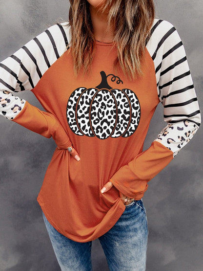 Autumn Chic Orange Leopard Print Long Sleeve Top