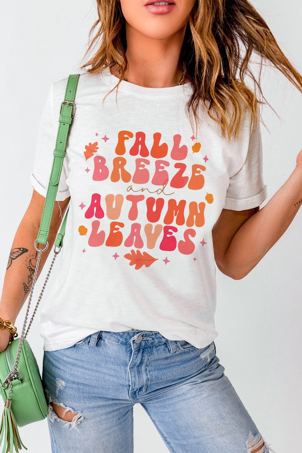 Autumn Leaf Print White Tee for Women