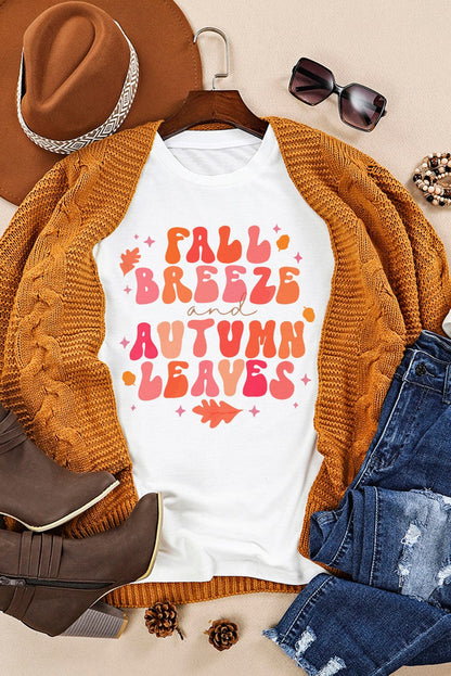 Autumn Leaf Print White Tee for Women