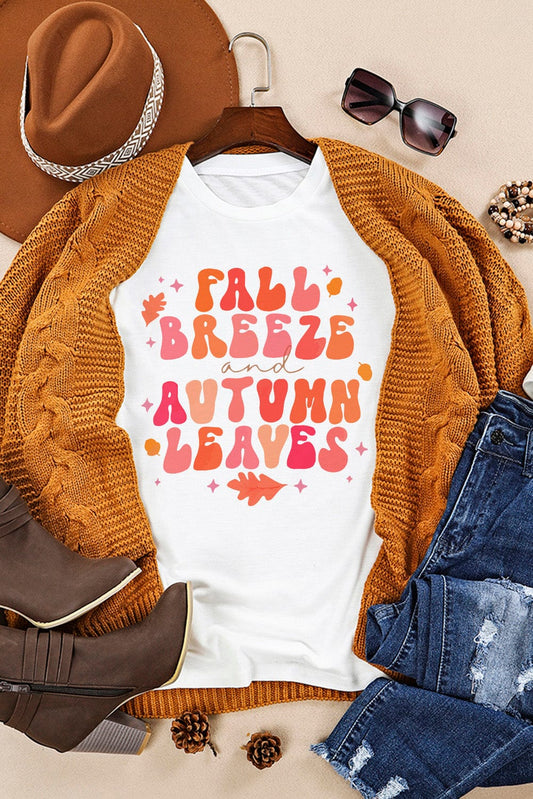 Autumn Leaf Print White Tee for Women