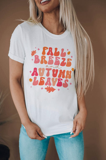 Autumn Leaf Print White Tee for Women