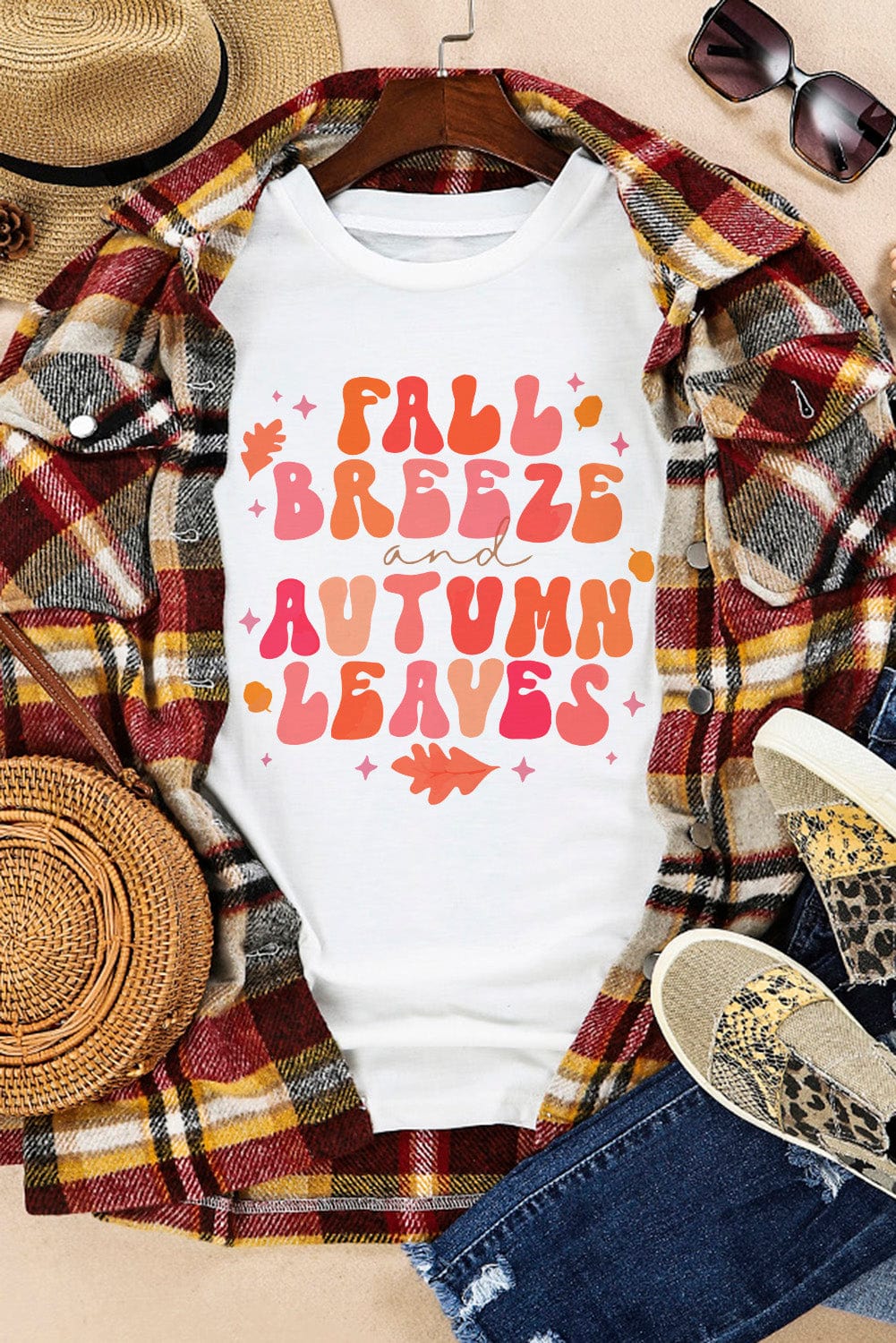 Autumn Leaf Print White Tee for Women