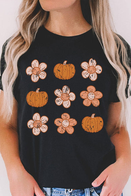 Autumn Vibes Black Pumpkin Floral Short Sleeve Tee