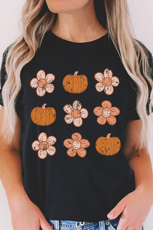Autumn Vibes Black Pumpkin Floral Short Sleeve Tee