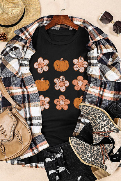 Autumn Vibes Black Pumpkin Floral Short Sleeve Tee