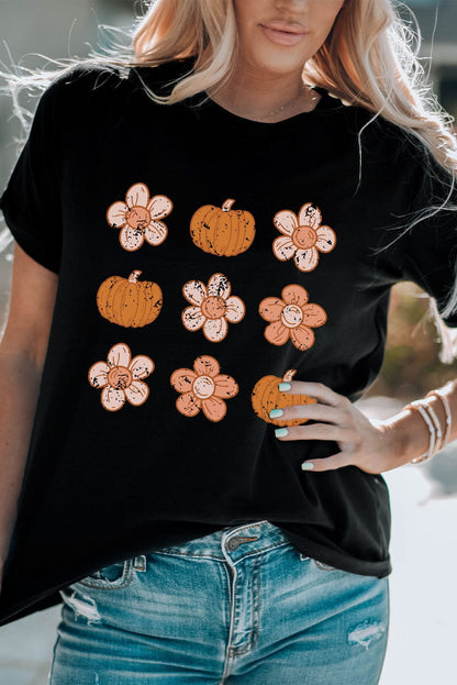 Autumn Vibes Black Pumpkin Floral Short Sleeve Tee