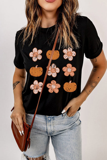 Autumn Vibes Black Pumpkin Floral Short Sleeve Tee