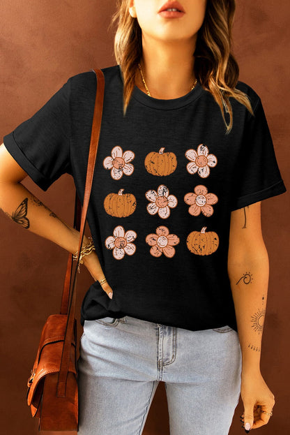 Autumn Vibes Black Pumpkin Floral Short Sleeve Tee