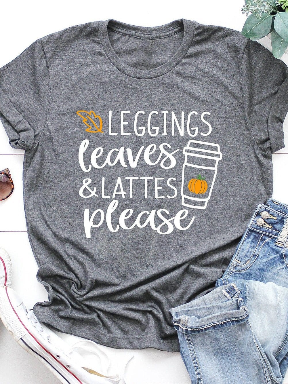 Autumn Vibes Roll-Up Sleeve Graphic Tee - Gray